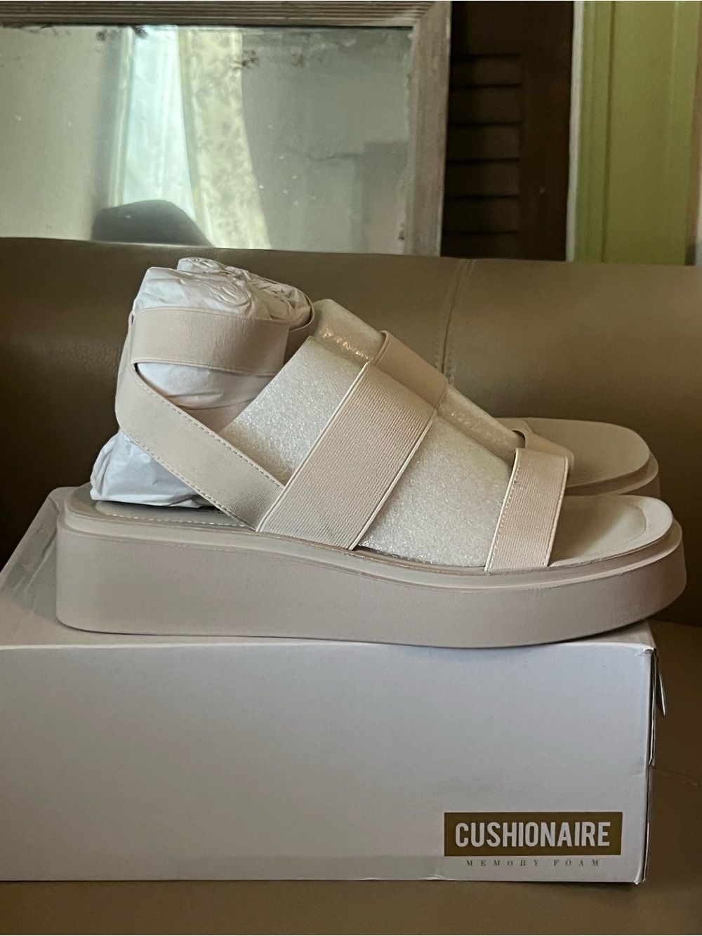 Cushionaire Women's Stretch Platform Sandal in Taupe - Picture 6 of 9